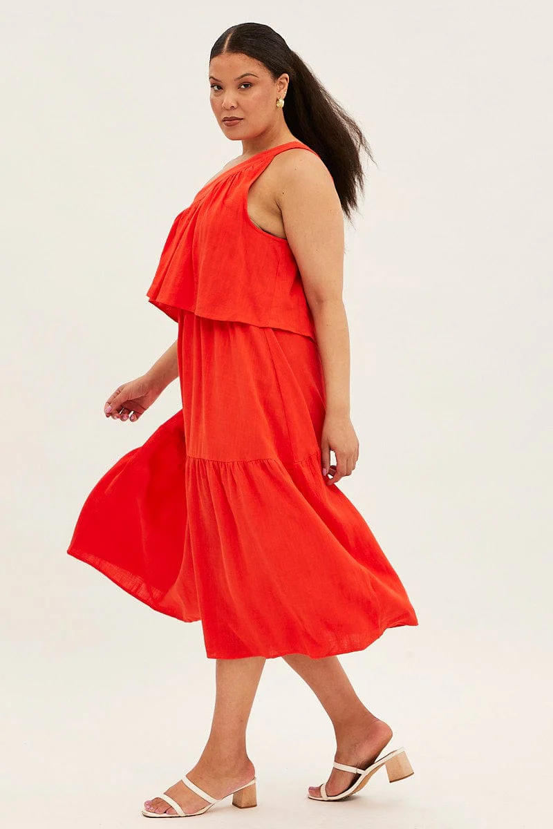 Red Midi Dress One Shoulder Frill Linen Blend - Image 4
