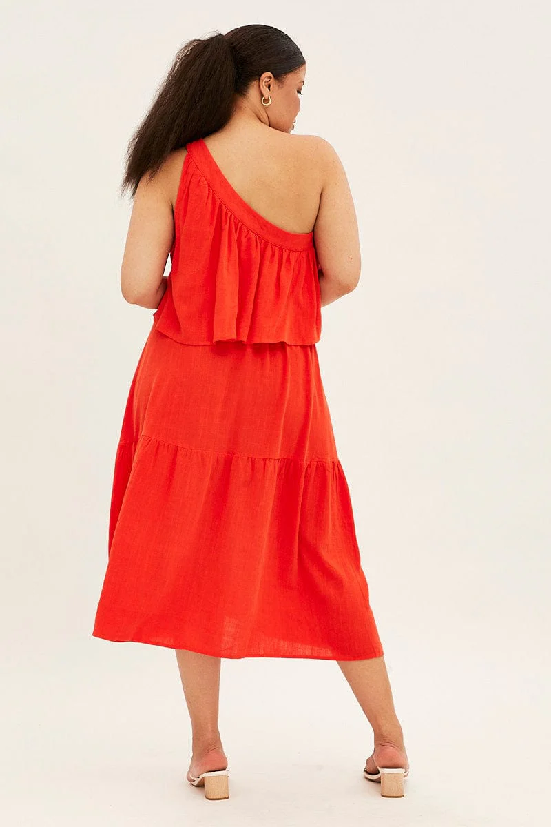 Red Midi Dress One Shoulder Frill Linen Blend - Image 5