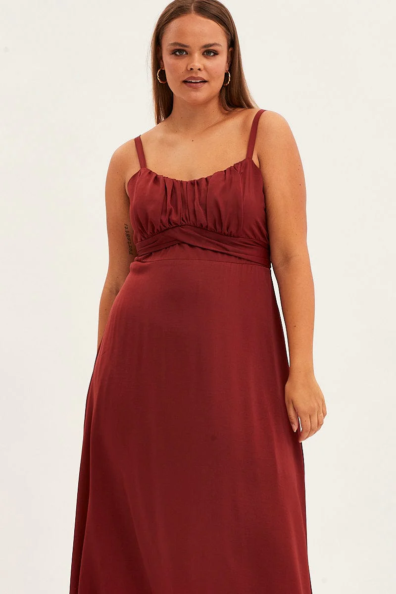 Red Midi Dress Shoestring Strap Tie Back Satin - Image 2