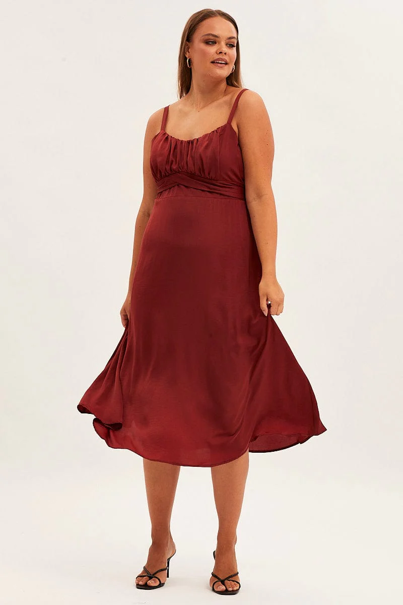 Red Midi Dress Shoestring Strap Tie Back Satin - Image 3