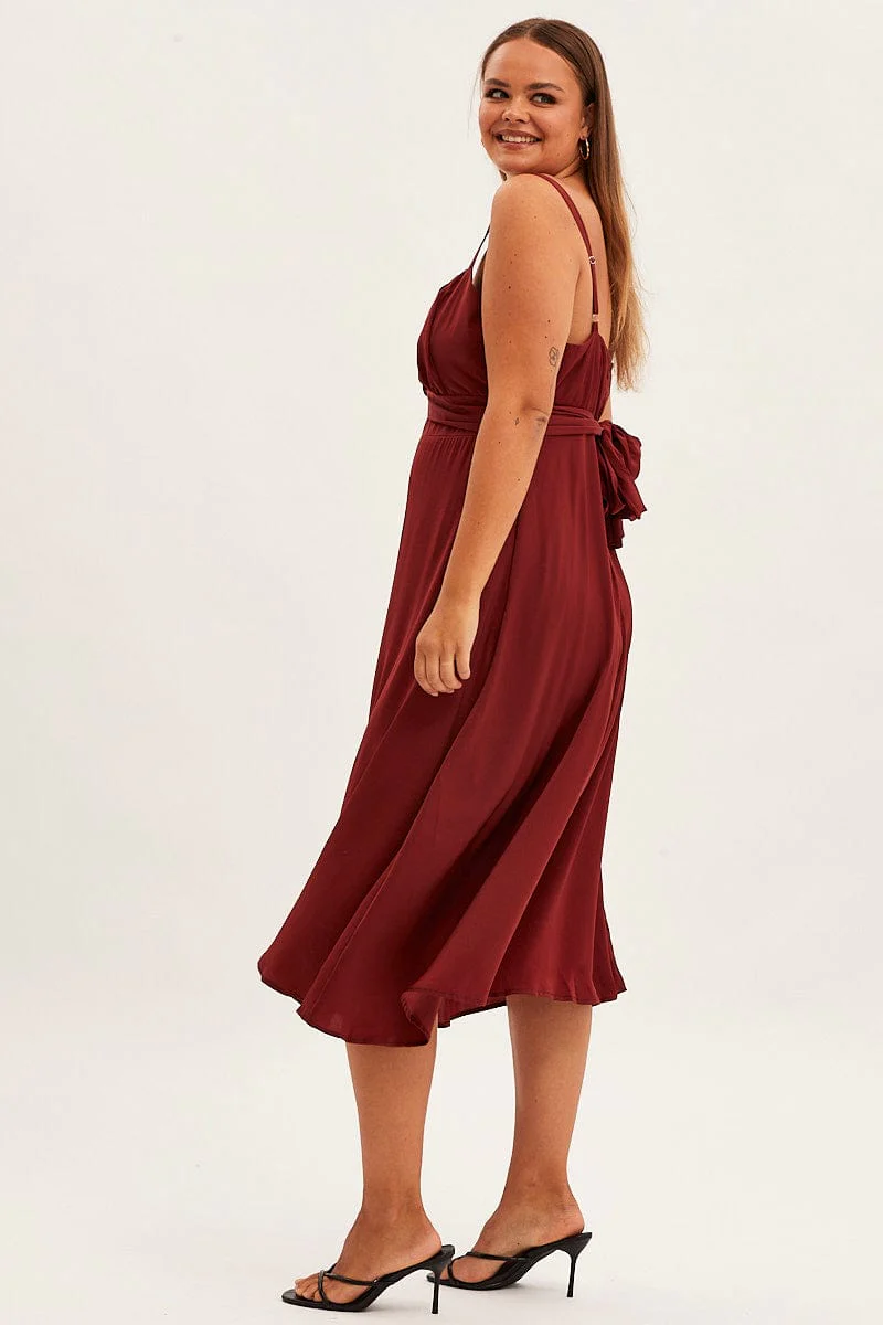 Red Midi Dress Shoestring Strap Tie Back Satin - Image 4