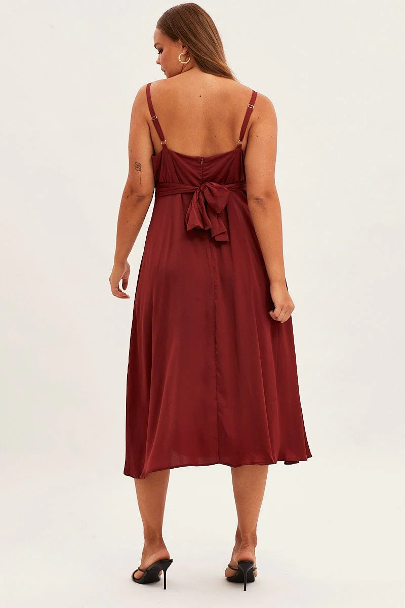 Red Midi Dress Shoestring Strap Tie Back Satin - Image 5