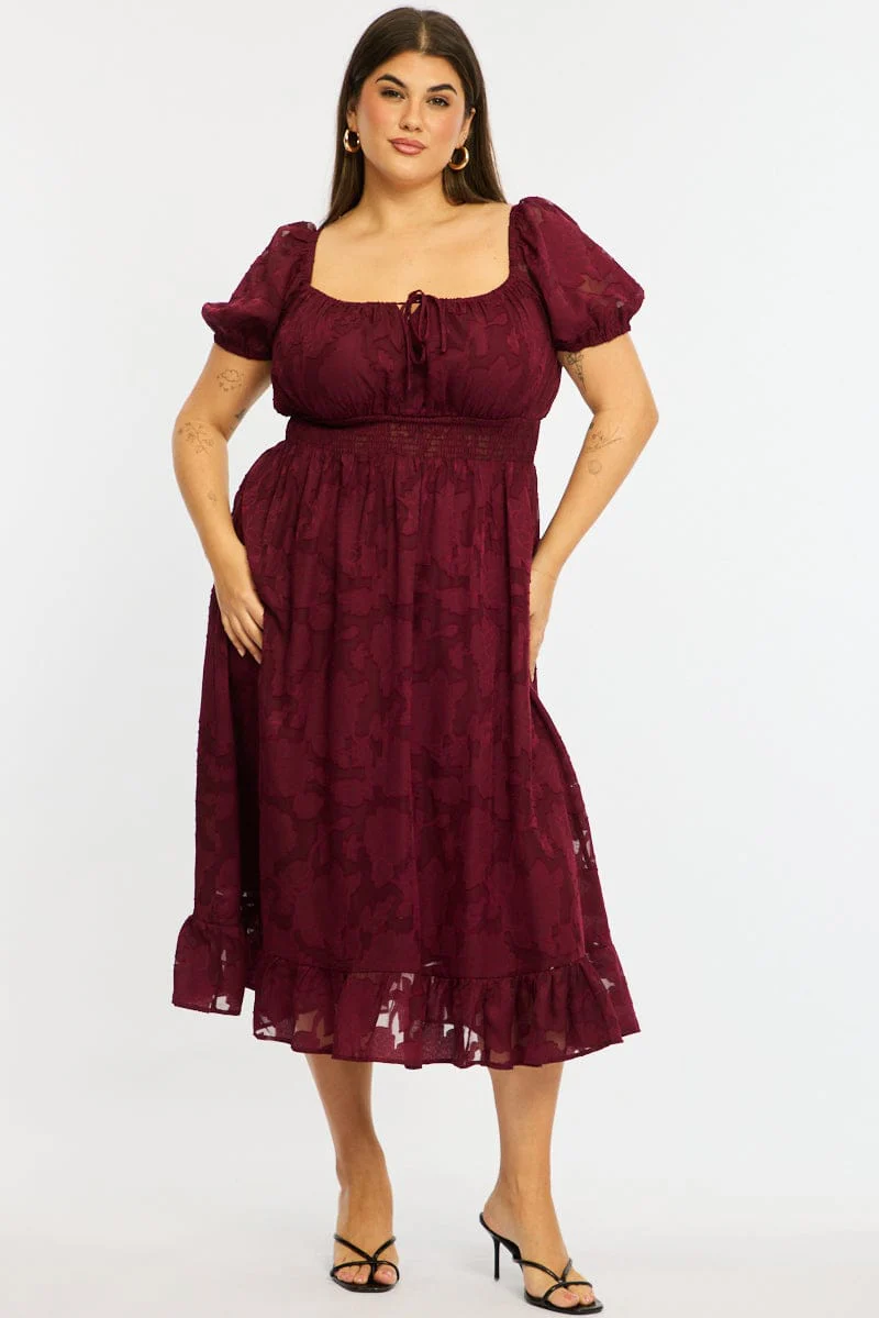 Red Midi Dress Short Sleeve Jacquard