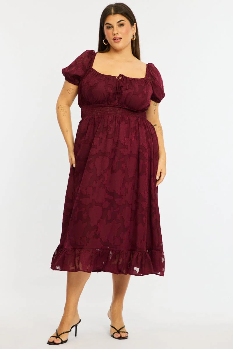 Red Midi Dress Short Sleeve Jacquard - Image 3