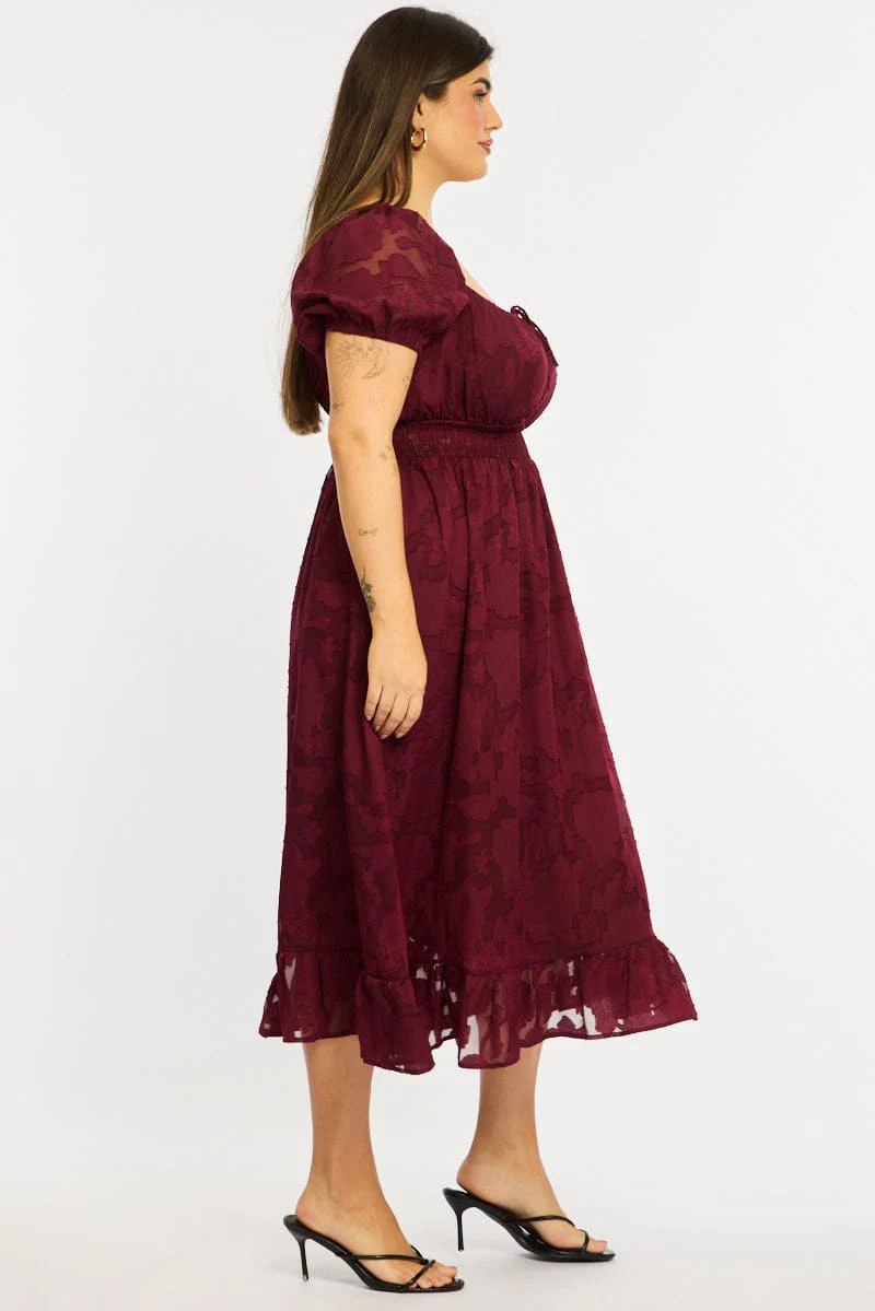 Red Midi Dress Short Sleeve Jacquard - Image 4