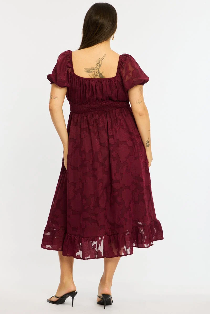 Red Midi Dress Short Sleeve Jacquard - Image 5