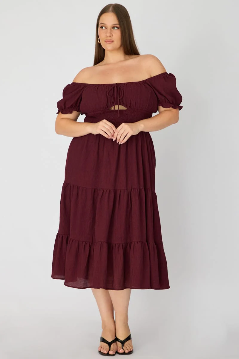 Red Midi Dress Short Sleeve Ruched Bust Cut Out