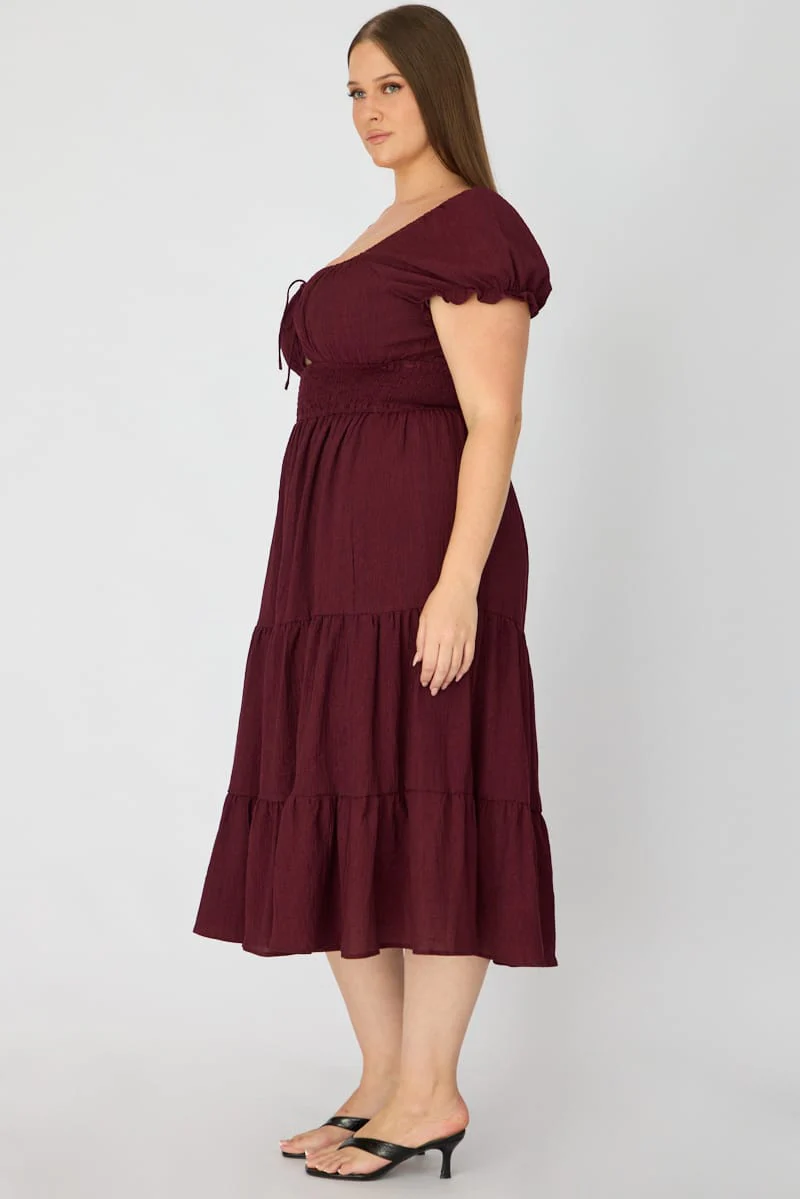 Red Midi Dress Short Sleeve Ruched Bust Cut Out - Image 4