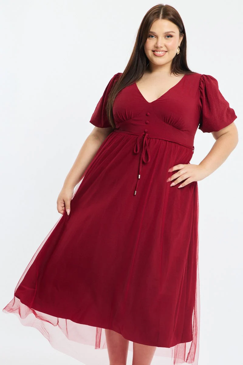 Red Midi Dress Short Sleeve Tulle - Image 2