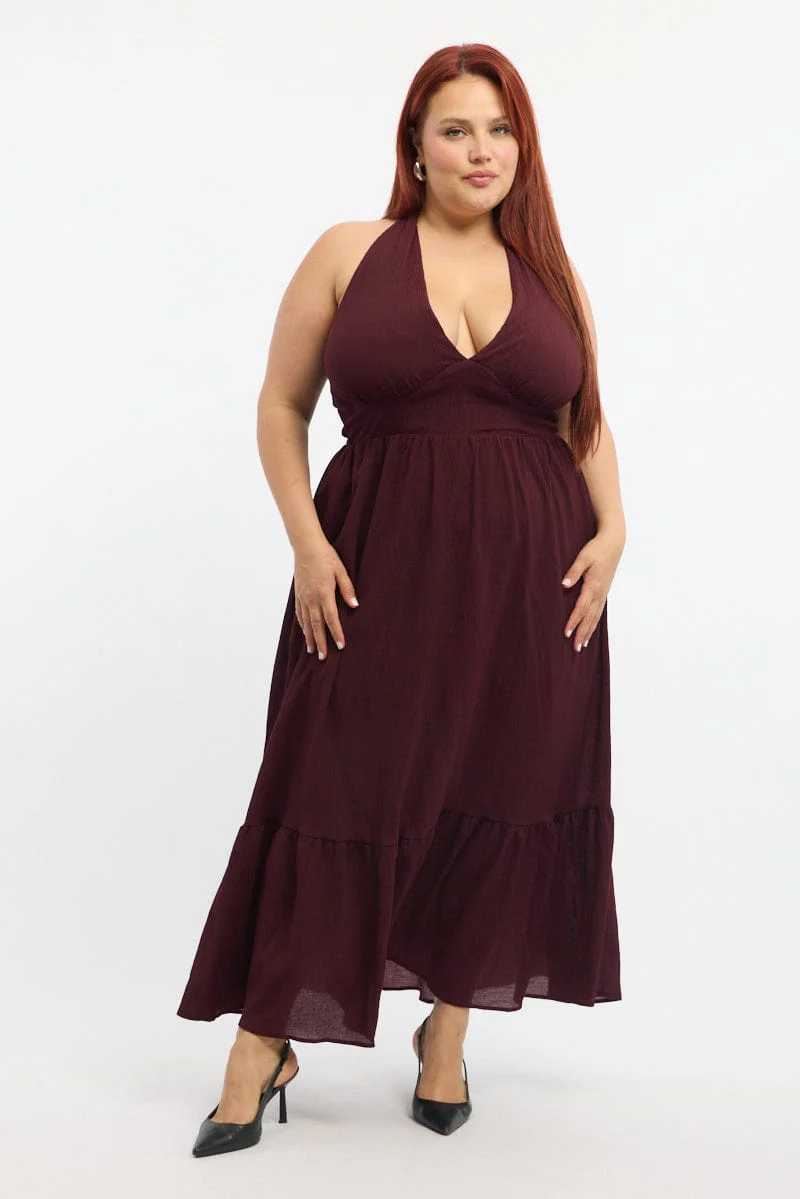 Red Midi Dress Sleeveless Halter Neck Textured