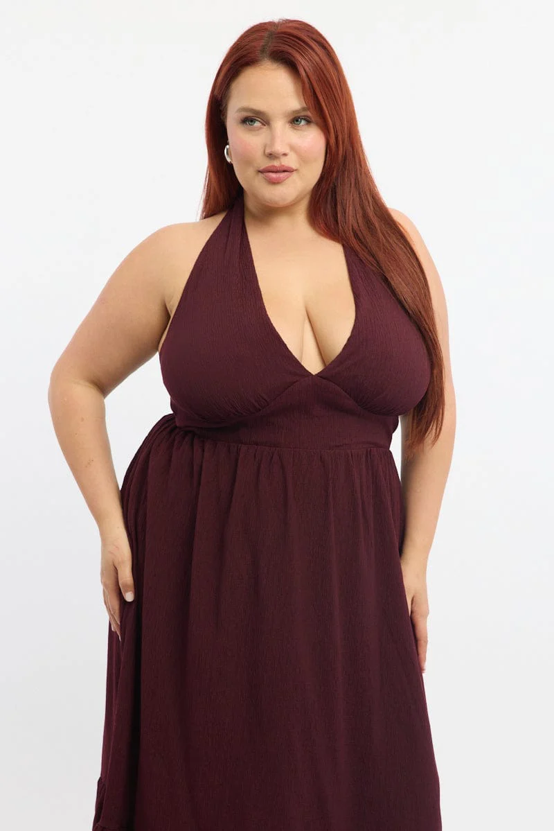 Red Midi Dress Sleeveless Halter Neck Textured - Image 2