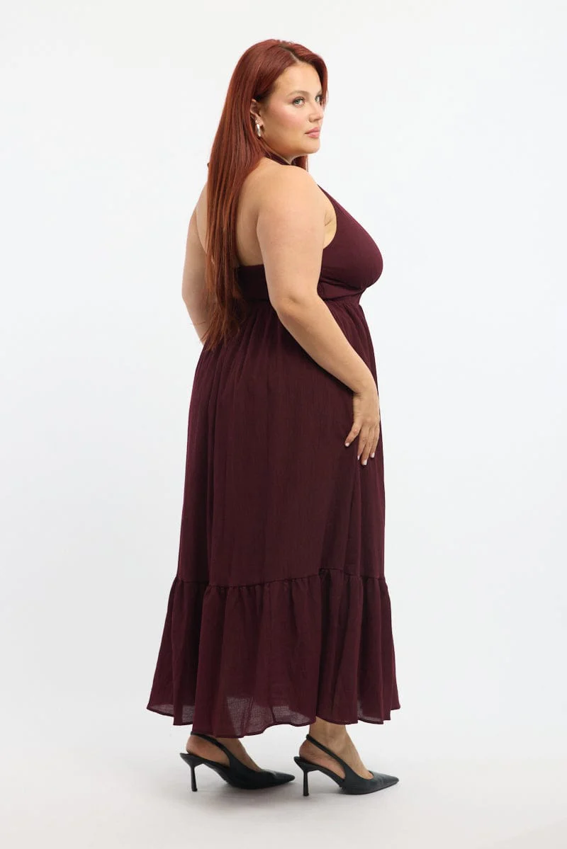 Red Midi Dress Sleeveless Halter Neck Textured - Image 3