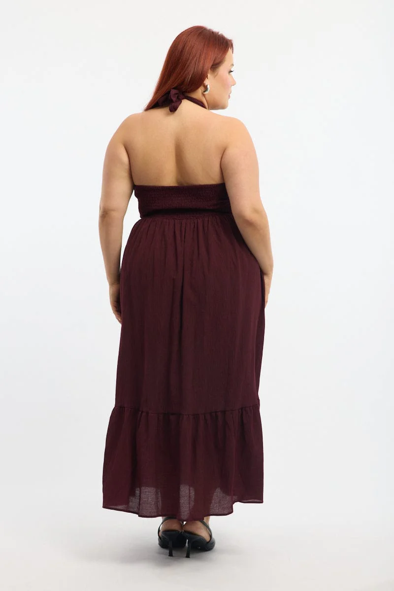 Red Midi Dress Sleeveless Halter Neck Textured - Image 4