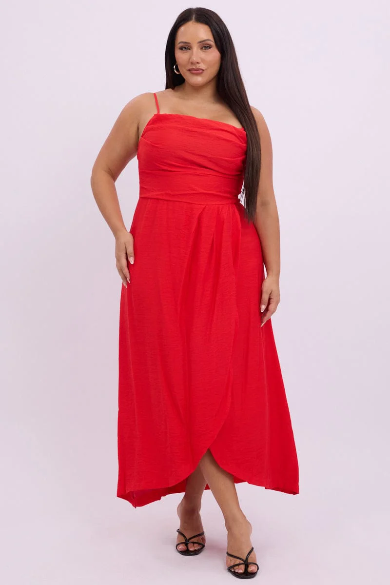 Red Midi Dress Sleeveless Wrap Front - Image 2