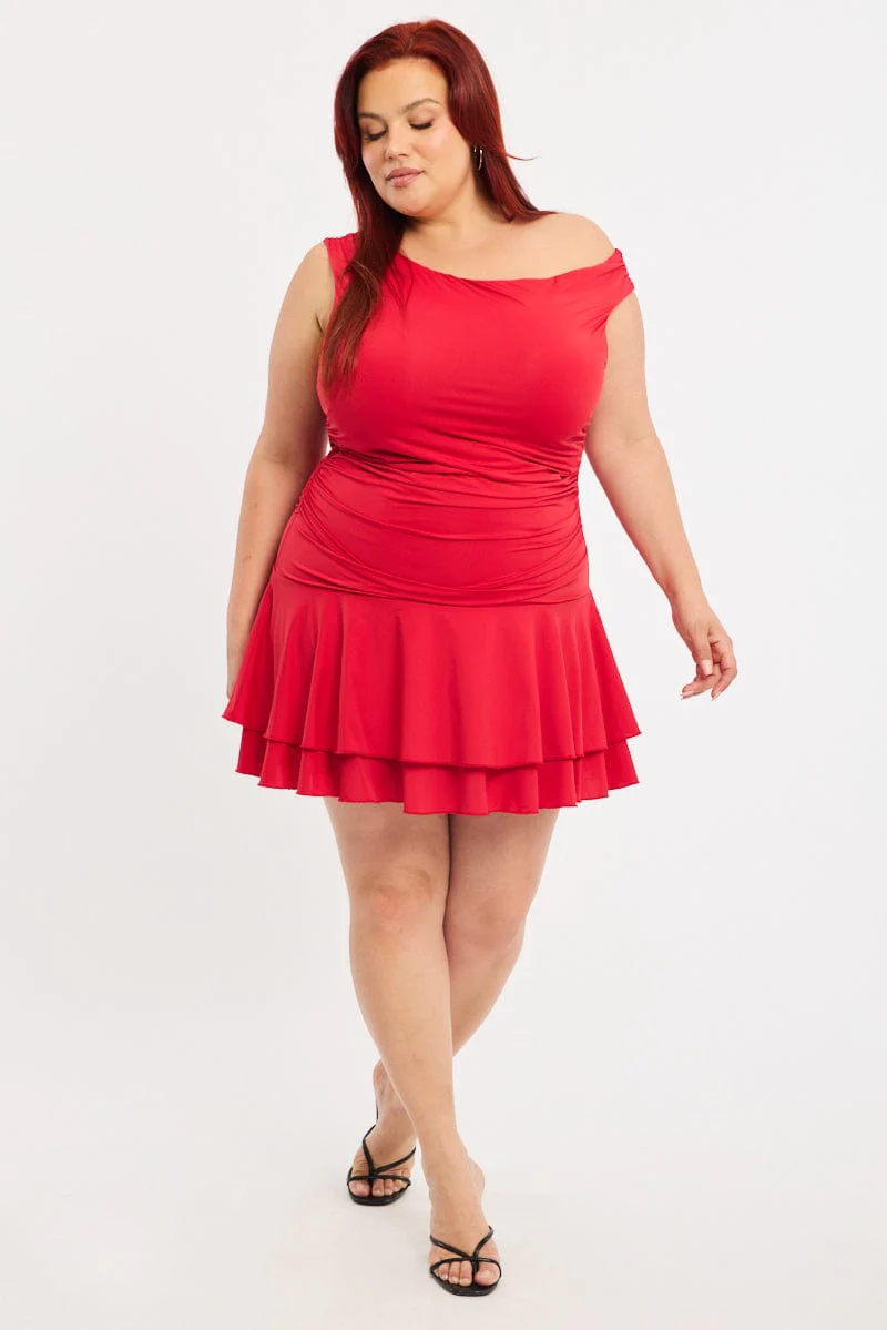 Red Mini Dress Off Shoulder Jersey - Image 2