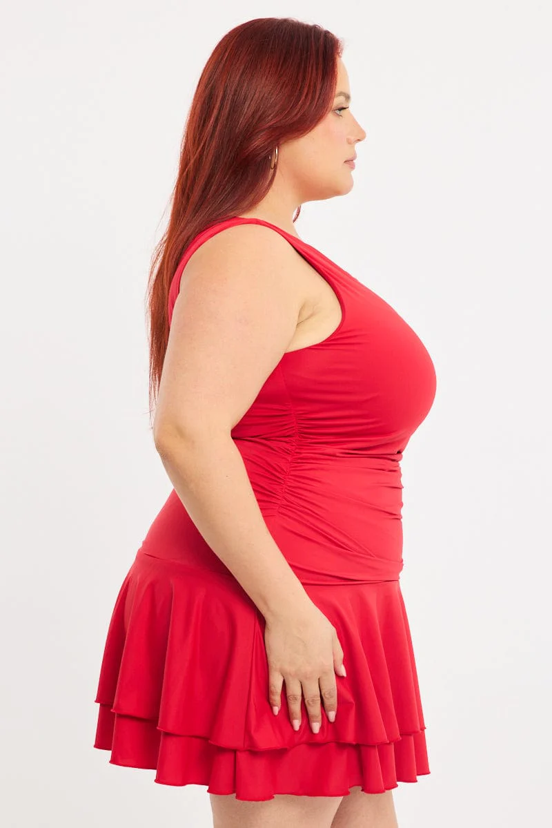 Red Mini Dress Off Shoulder Jersey - Image 3