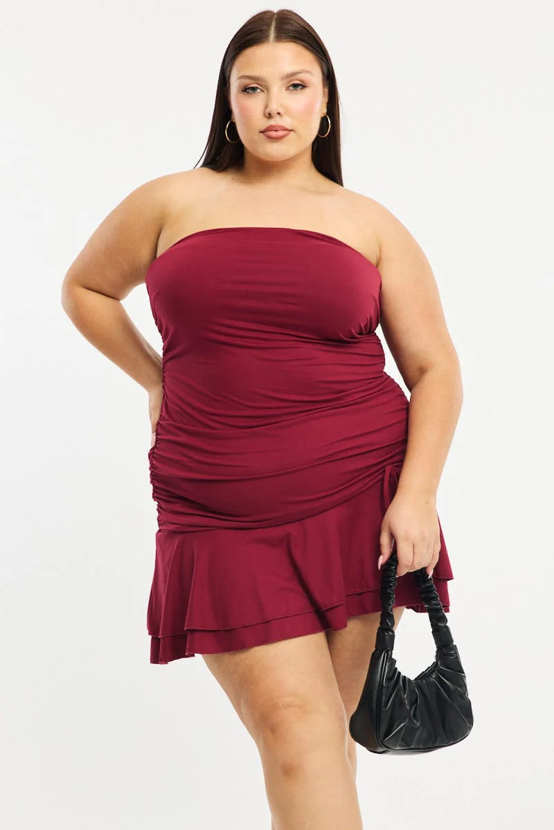Red Mini Ruffle Dress Strapless Ruched Jersey