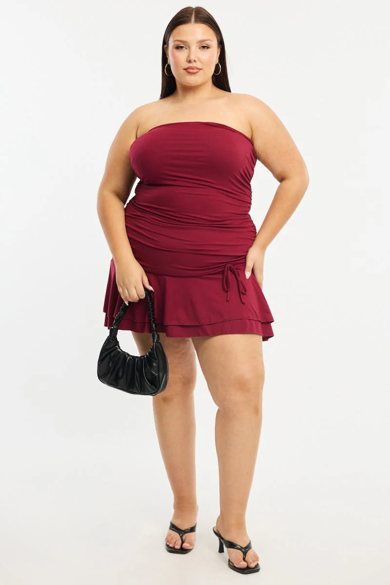 Red Mini Ruffle Dress Strapless Ruched Jersey - Image 2