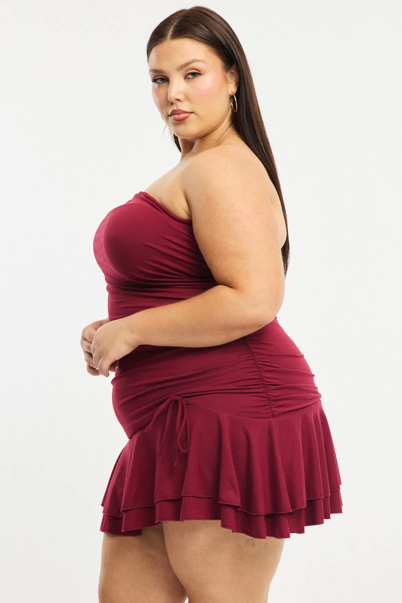 Red Mini Ruffle Dress Strapless Ruched Jersey - Image 3
