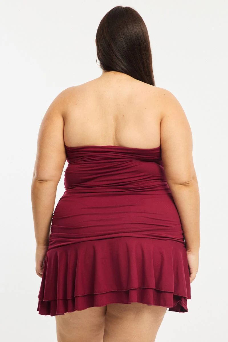 Red Mini Ruffle Dress Strapless Ruched Jersey - Image 4