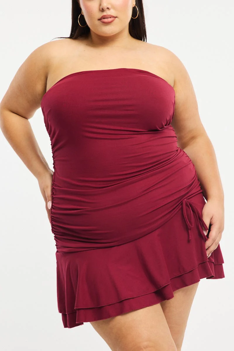 Red Mini Ruffle Dress Strapless Ruched Jersey - Image 5