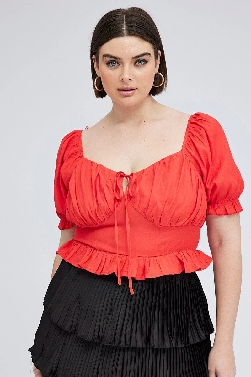 Red Peplum Top Short Sleeve Ruched Bust