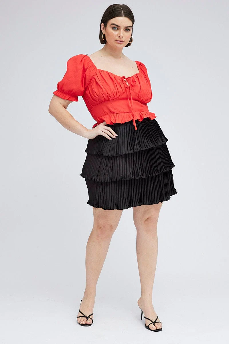 Red Peplum Top Short Sleeve Ruched Bust - Image 2