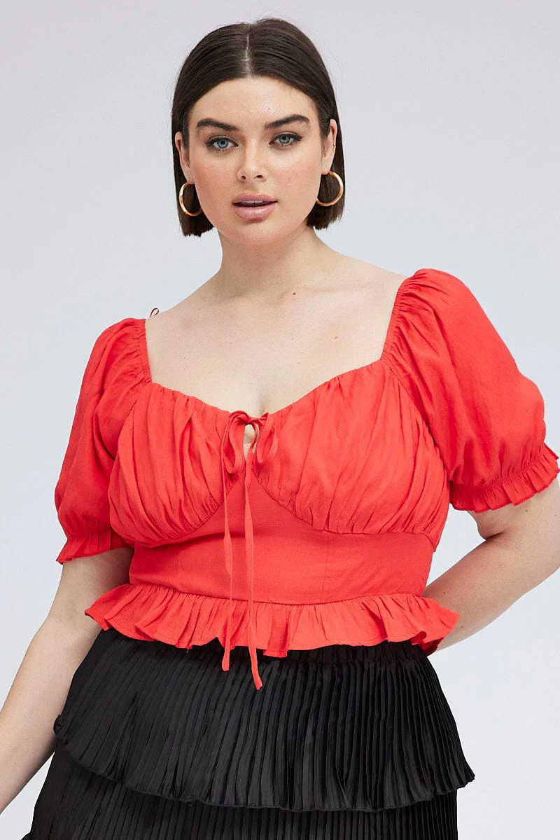Red Peplum Top Short Sleeve Ruched Bust - Image 3