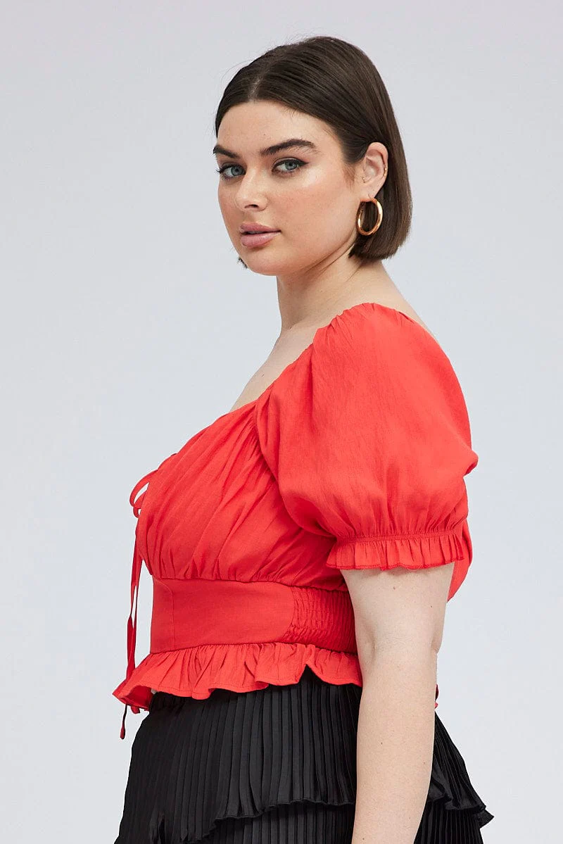 Red Peplum Top Short Sleeve Ruched Bust - Image 4