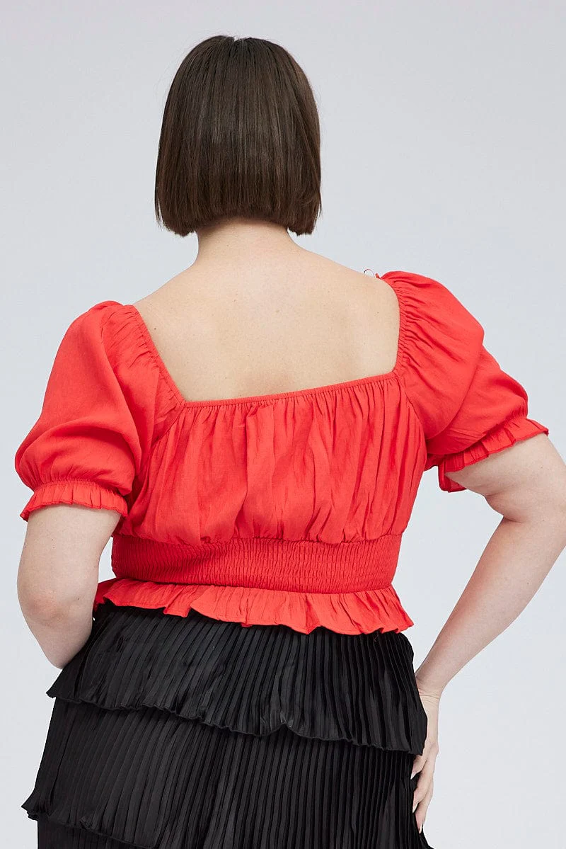 Red Peplum Top Short Sleeve Ruched Bust - Image 5