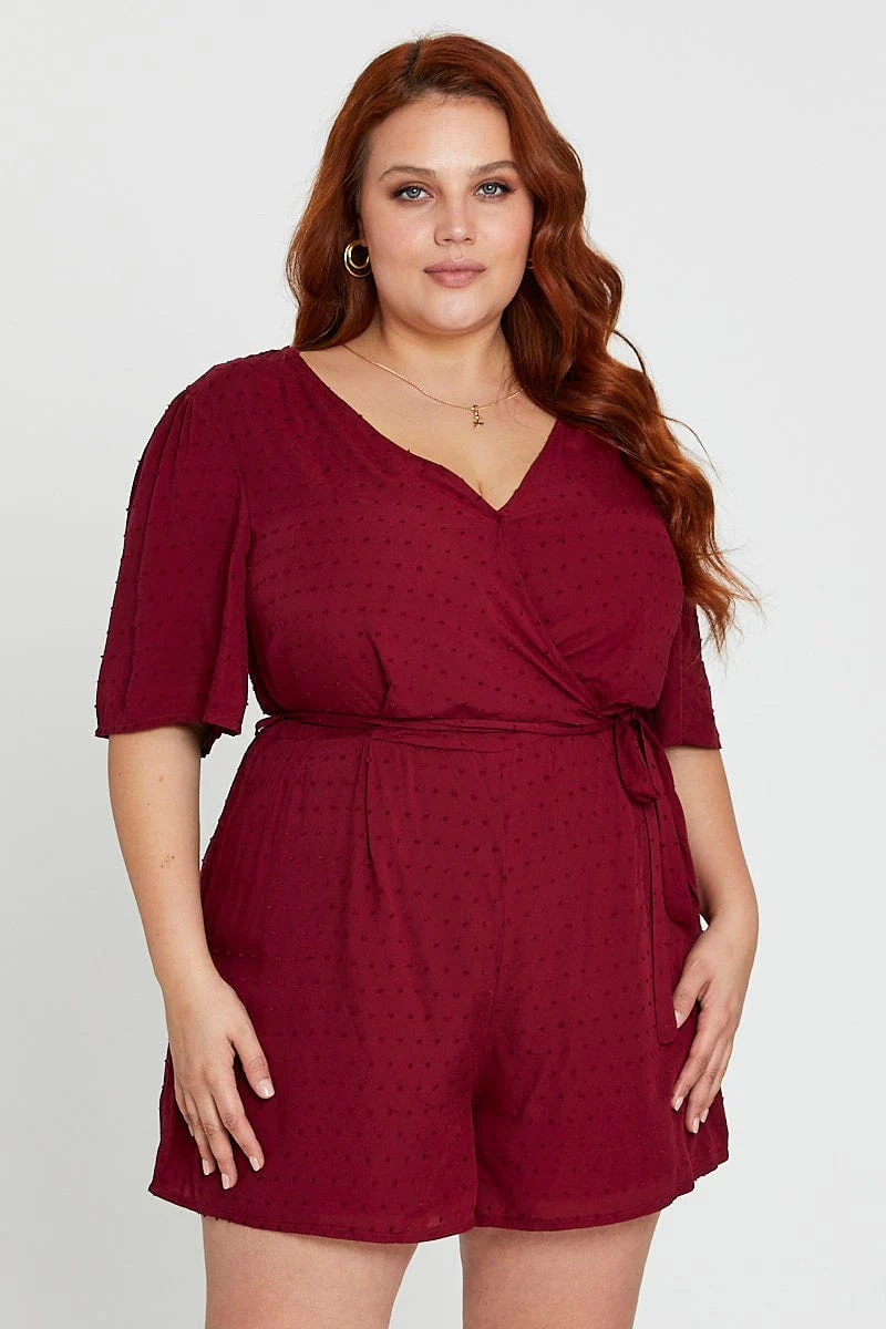 Red Playsuit Burgundy Short Sleeve Waist Tie - Image 3