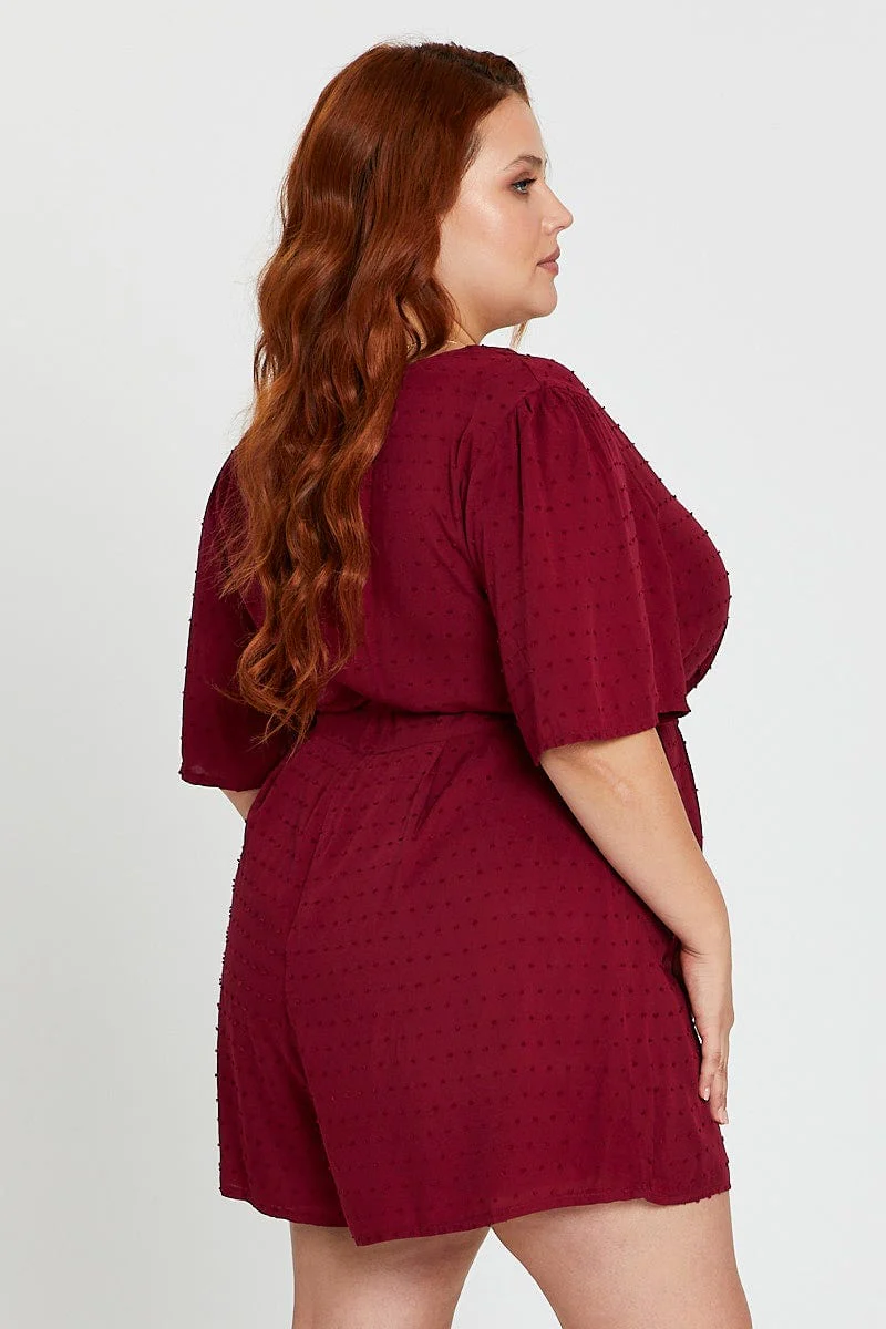 Red Playsuit Burgundy Short Sleeve Waist Tie - Image 4
