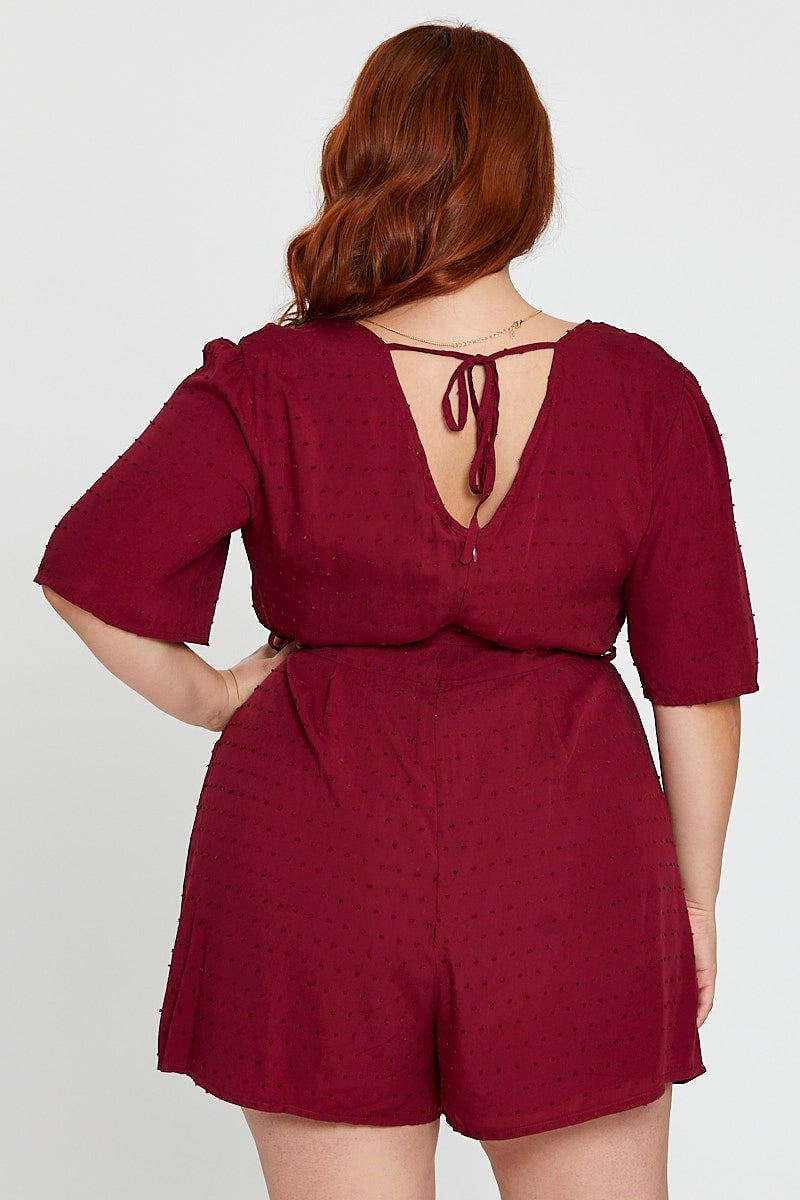 Red Playsuit Burgundy Short Sleeve Waist Tie - Image 5