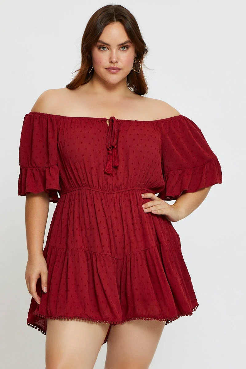 Red Playsuit Off Shoulder Short Sleeve Tie Front - Image 3
