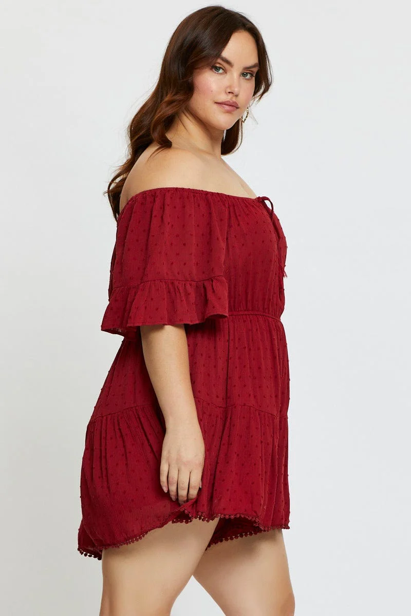 Red Playsuit Off Shoulder Short Sleeve Tie Front - Image 4