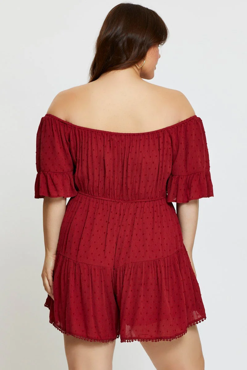 Red Playsuit Off Shoulder Short Sleeve Tie Front - Image 5