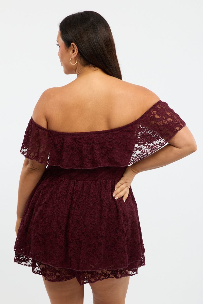 Red Playsuit Short Sleeve Off Shoulder Lace - Image 4