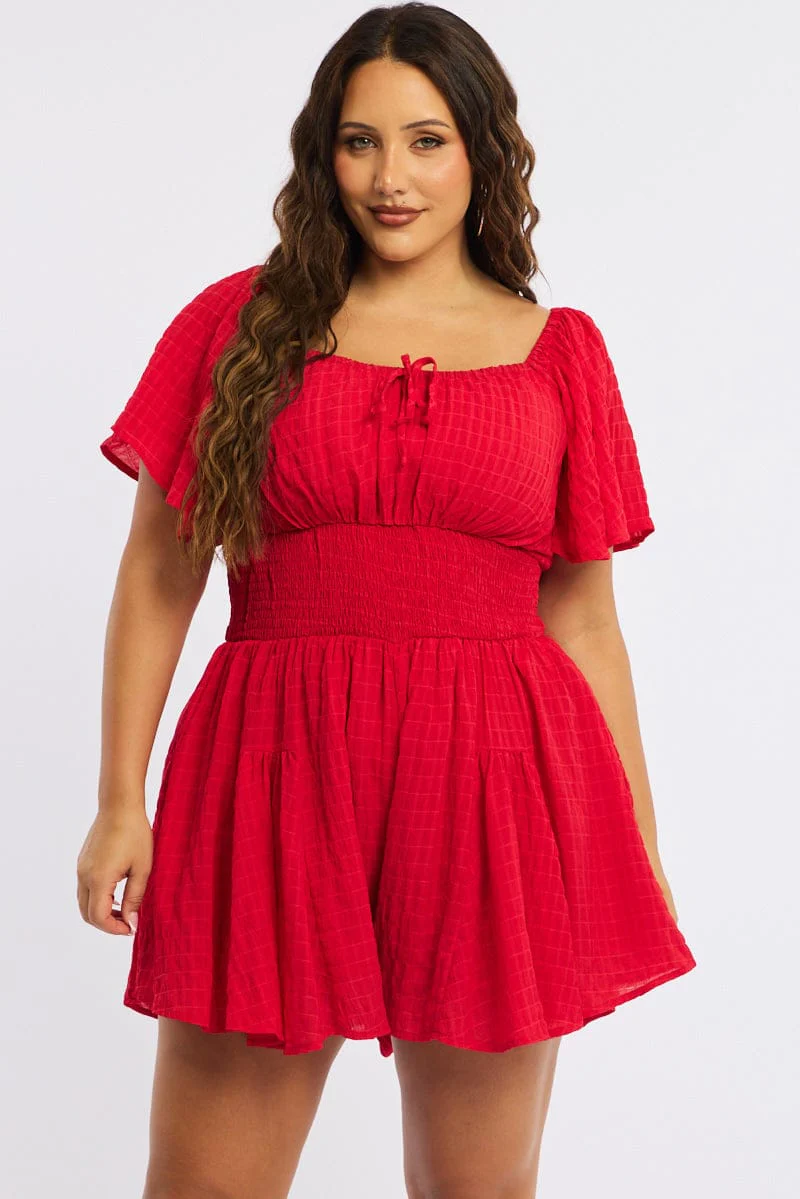 Red Playsuit Short Sleeve Textured
