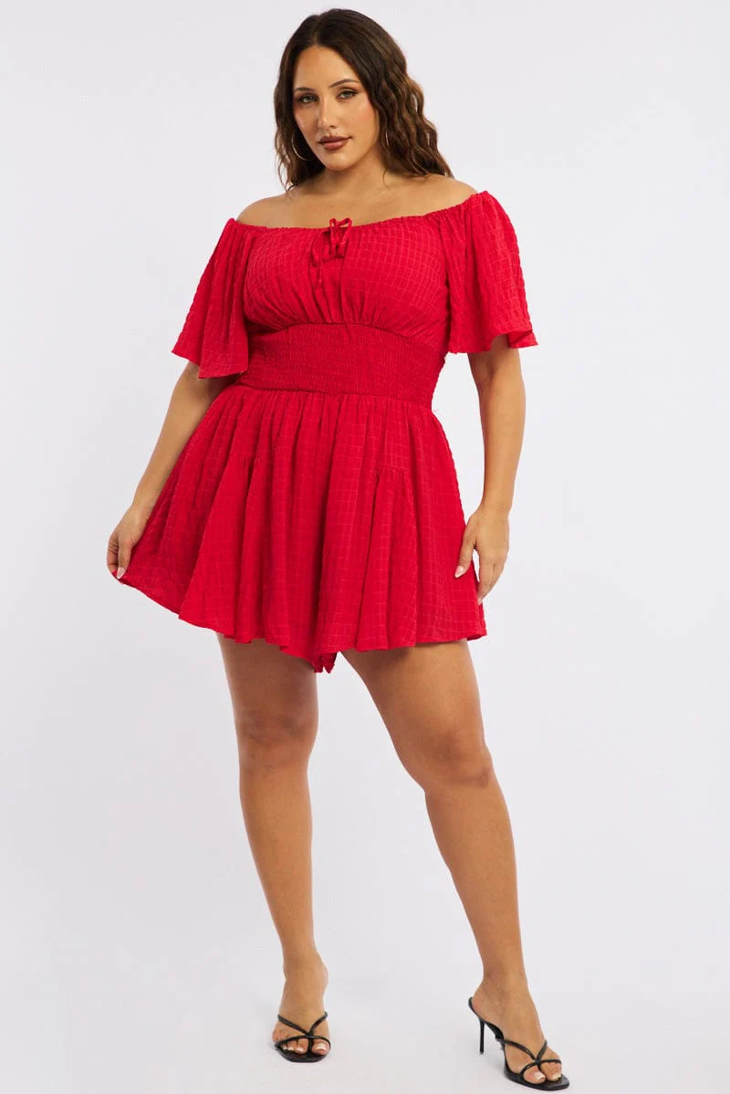 Red Playsuit Short Sleeve Textured - Image 2