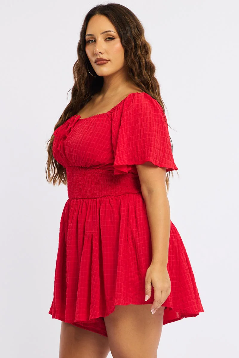 Red Playsuit Short Sleeve Textured - Image 3