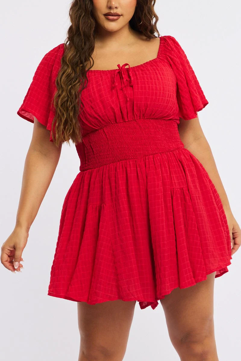 Red Playsuit Short Sleeve Textured - Image 5