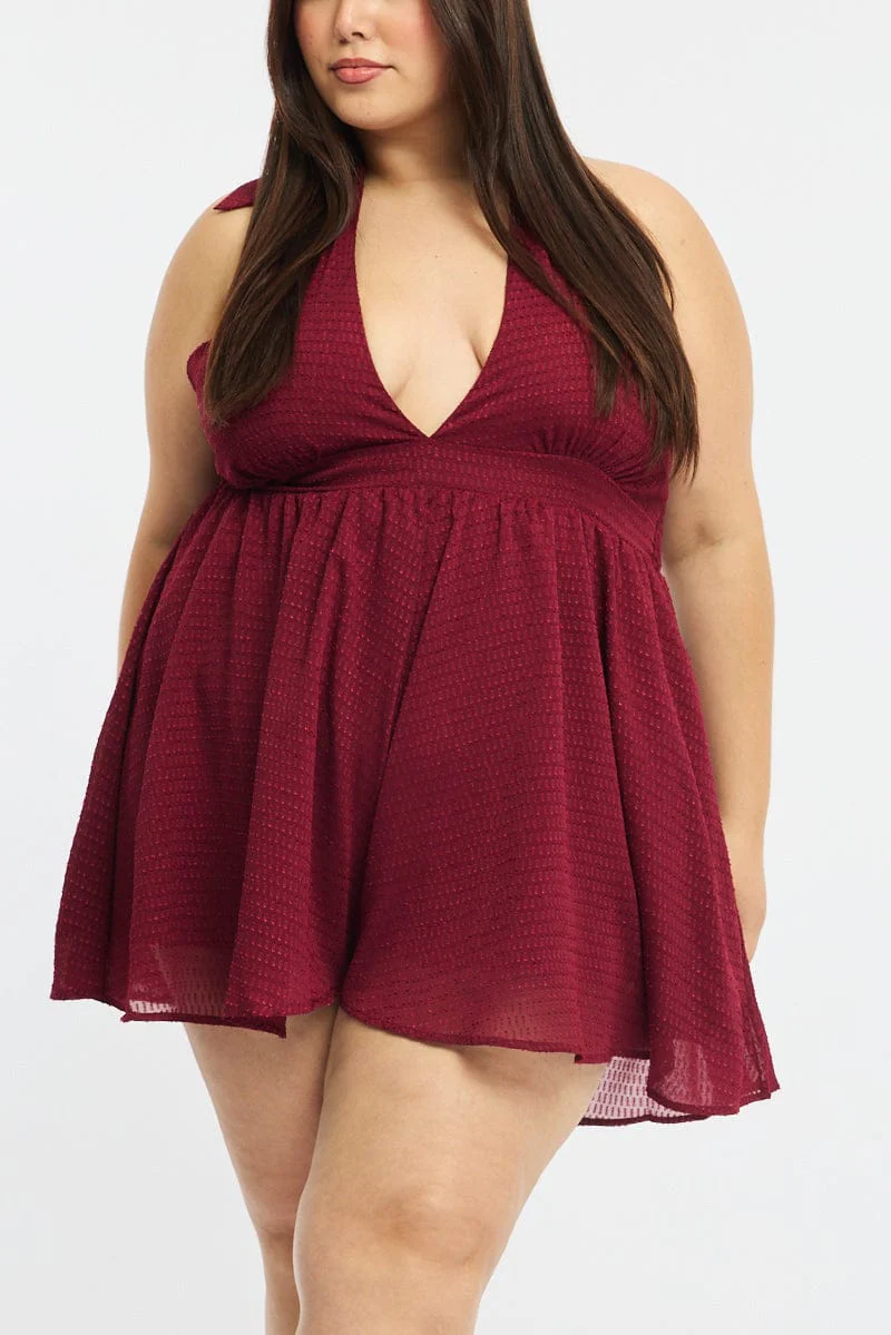 Red Playsuit Sleeveless Halter Neck Textured - Image 6