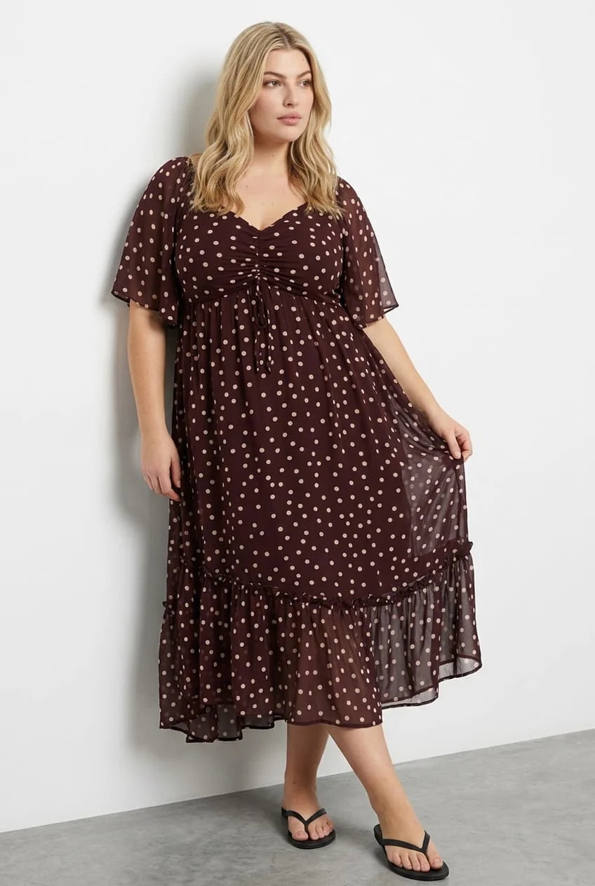 Red Polka Dot Maxi Dress Short Sleeve Ruched Bust