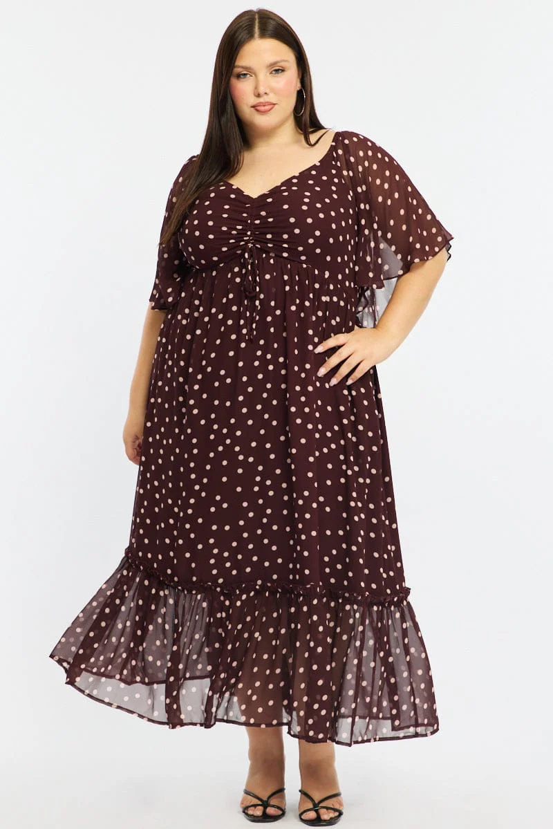 Red Polka Dot Maxi Dress Short Sleeve Ruched Bust - Image 2