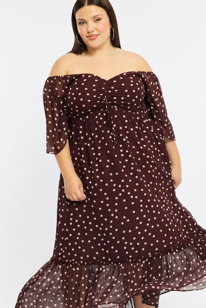Red Polka Dot Maxi Dress Short Sleeve Ruched Bust - Image 3