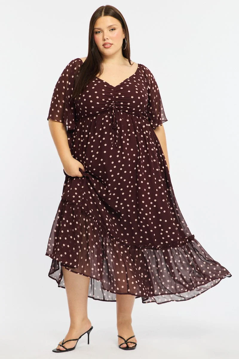 Red Polka Dot Maxi Dress Short Sleeve Ruched Bust - Image 4