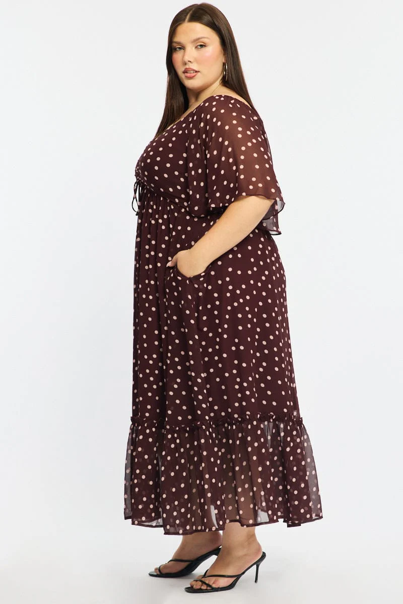 Red Polka Dot Maxi Dress Short Sleeve Ruched Bust - Image 5
