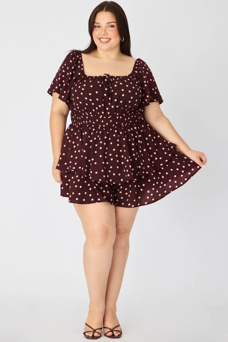 Red Polka Dot Playsuit Short Sleeve Ruched Bust - Image 3