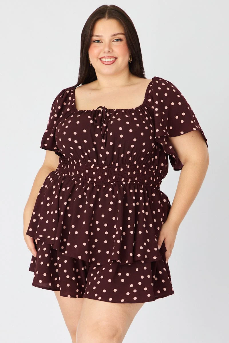 Red Polka Dot Playsuit Short Sleeve Ruched Bust - Image 4