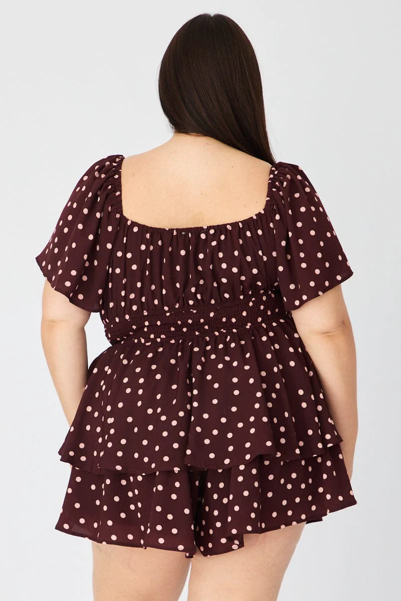 Red Polka Dot Playsuit Short Sleeve Ruched Bust - Image 6
